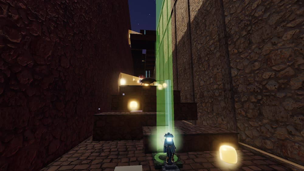 The Wainscot in Misrule’s scale realm: a cloaked figure no taller than the lamp beside them, standing in a green shrine ring at the foot of a ravine between two enormous rough stone walls, with giant steps climbing away into the dark and a beetle the length of a car resting on a ledge above.