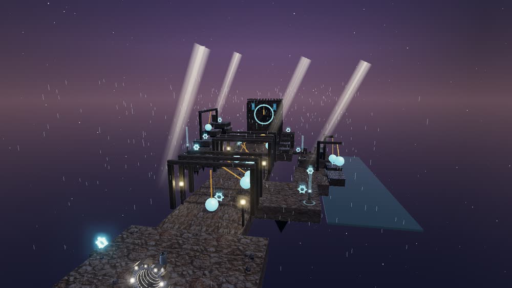 The Stopped Street in Misrule’s time realm: a clockwork street halted mid-collapse, rain hanging in the air as motionless white streaks, gears and pendulum weights frozen on their arms, and a stopped clock face glowing on the tower at the end.