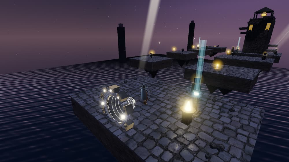 The Dark Quay in Misrule’s light realm: a cobbled pier over black water at dusk, a cloaked figure standing beside a lit lamp, a pale blue beam standing upright like a pillar, and lit platforms receding towards a dead lighthouse.