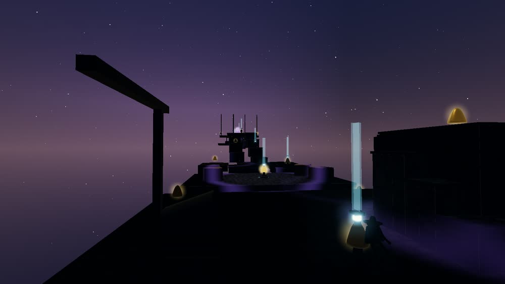 The Bell Foundry in Misrule’s sound realm: an almost black platform under a starfield, a ring of bell frames picked out in violet light, thin pale columns of sound standing in the dark, and a small figure carrying a lamp at the near edge.