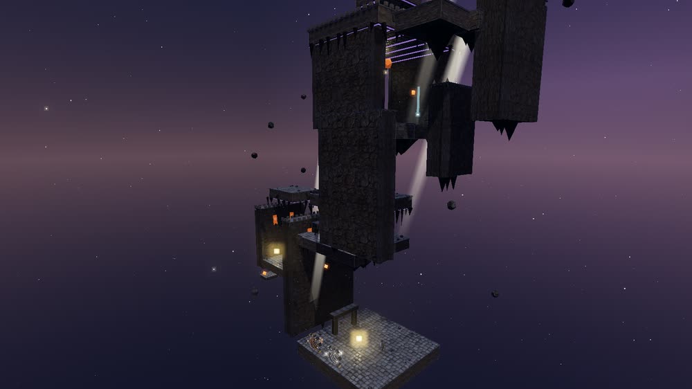 The Sky Ruins in Misrule’s gravity realm: a ruined monastery tower hanging in an empty violet sky, its walkways and battlements projecting from all four sides so that several different surfaces each read as the floor.