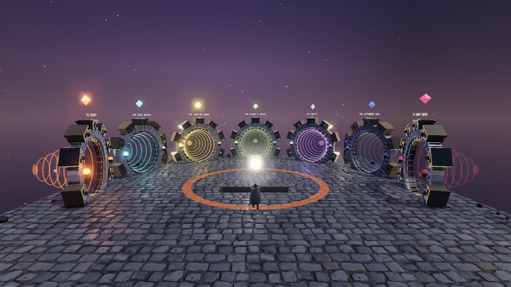 The Waystation in Misrule: seven ringed gates standing in an arc on a cobbled platform under a violet starfield, five of them lit and turning, two dark and locked, with a lone cloaked surveyor in a glowing orange ring at the centre.